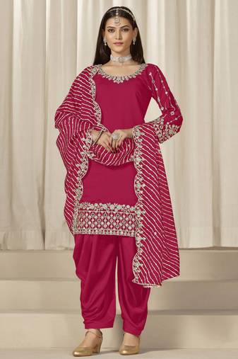 Rani pink roman silk heavy thread embroidery, sequins with mirror work salwar kameez