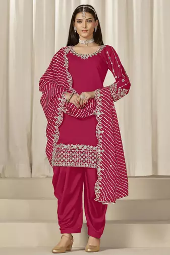Rani pink roman silk heavy thread embroidery, sequins with mirror work salwar kameez