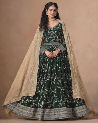 Dark green faux georgette heavy thread embroidery, zari with sequins work salwar kameez 1