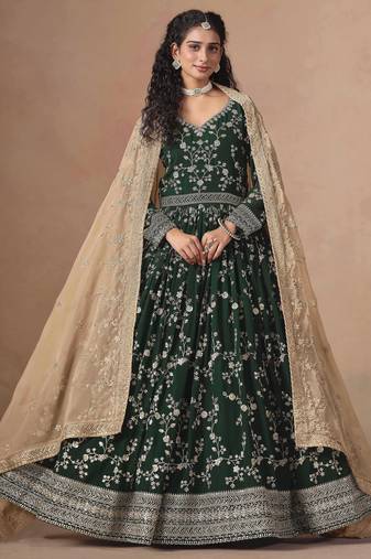 Dark green faux georgette heavy thread embroidery, zari with sequins work salwar kameez