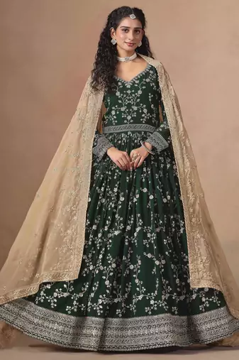 Dark green faux georgette heavy thread embroidery, zari with sequins work salwar kameez
