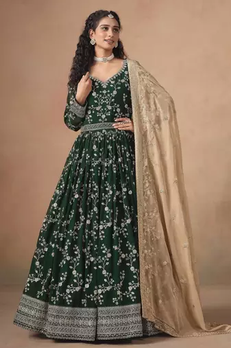 Dark green faux georgette heavy thread embroidery, zari with sequins work salwar kameez