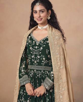 Dark green faux georgette heavy thread embroidery, zari with sequins work salwar kameez 3