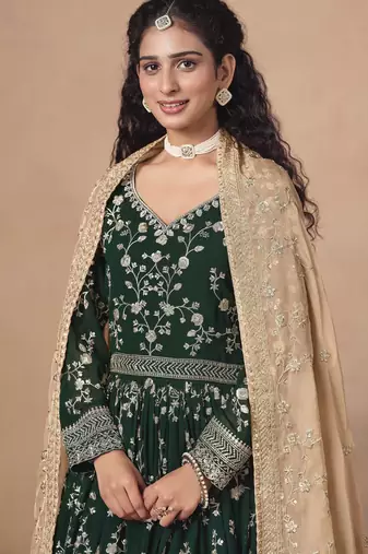 Dark green faux georgette heavy thread embroidery, zari with sequins work salwar kameez