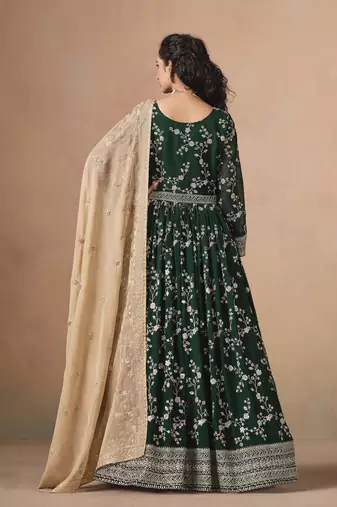 Dark green faux georgette heavy thread embroidery, zari with sequins work salwar kameez
