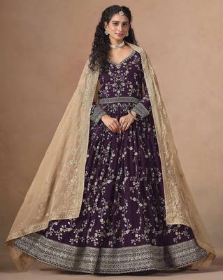 Purple faux georgette heavy thread embroidery, zari with sequins work salwar kameez 1