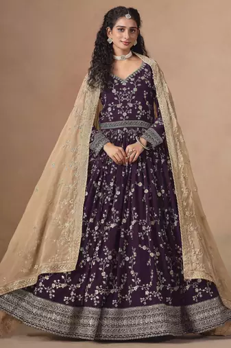Purple faux georgette heavy thread embroidery, zari with sequins work salwar kameez
