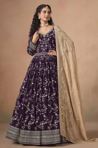 Purple faux georgette heavy thread embroidery, zari with sequins work salwar kameez