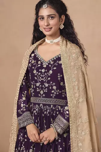 Purple faux georgette heavy thread embroidery, zari with sequins work salwar kameez