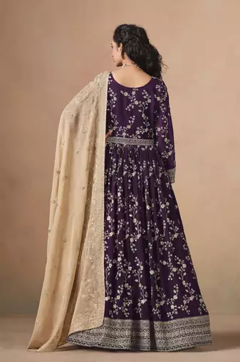 Purple faux georgette heavy thread embroidery, zari with sequins work salwar kameez