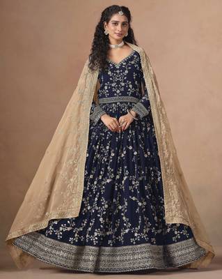 Navy blue faux georgette heavy thread embroidery, zari with sequins work salwar kameez 1