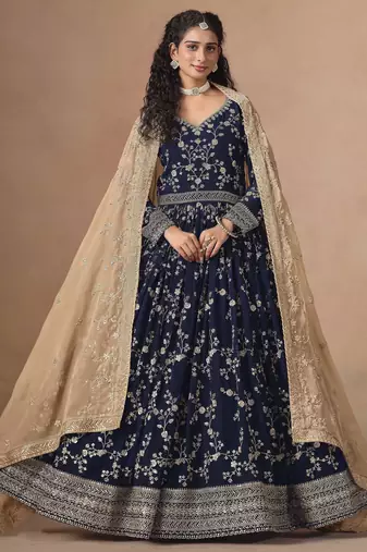 Navy blue faux georgette heavy thread embroidery, zari with sequins work salwar kameez