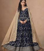 Navy blue faux georgette heavy thread embroidery, zari with sequins work salwar kameez