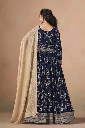 Navy blue faux georgette heavy thread embroidery, zari with sequins work salwar kameez