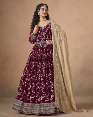 Burgundy faux georgette heavy thread embroidery, zari with sequins work salwar kameez 1
