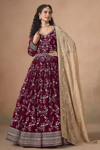 Burgundy faux georgette heavy thread embroidery, zari with sequins work salwar kameez