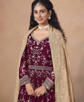 Burgundy faux georgette heavy thread embroidery, zari with sequins work salwar kameez 2
