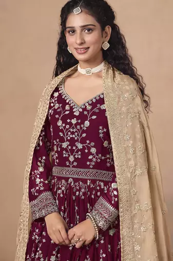 Burgundy faux georgette heavy thread embroidery, zari with sequins work salwar kameez