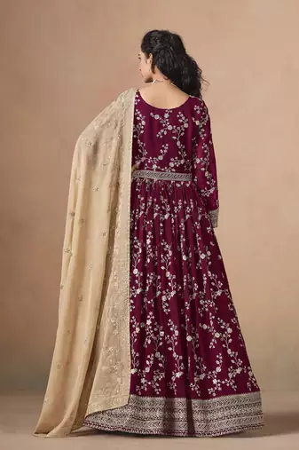 Burgundy faux georgette heavy thread embroidery, zari with sequins work salwar kameez