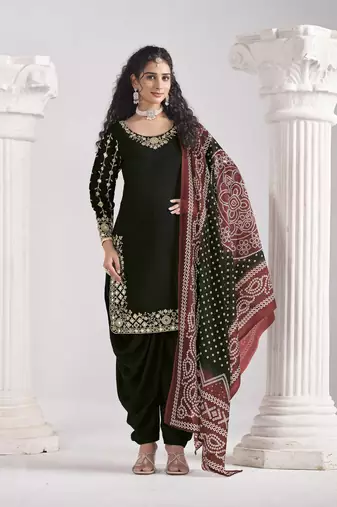 Black roman silk heavy thread embroidery, zari with mirror work salwar kameez