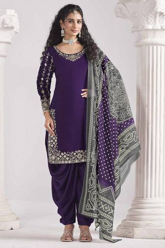 Purple roman silk heavy thread embroidery, zari with mirror work salwar kameez