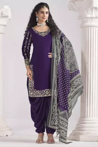 Purple roman silk heavy thread embroidery, zari with mirror work salwar kameez