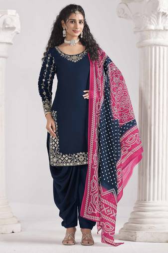 Navy blue roman silk heavy thread embroidery, zari with mirror work salwar kameez