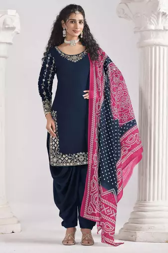 Navy blue roman silk heavy thread embroidery, zari with mirror work salwar kameez