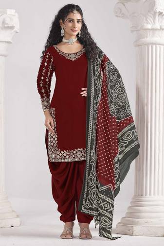 Maroon roman silk heavy thread embroidery, zari with mirror work salwar kameez
