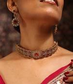 Royal pink kundan choker set with maang tikka and earrings