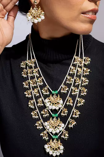 High gold multi-layer pearl and kundan necklace set with matching earrings