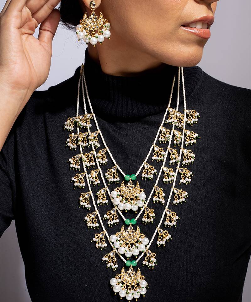 High gold multi-layer pearl and kundan necklace set with matching earrings