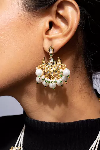 High gold multi-layer pearl and kundan necklace set with matching earrings