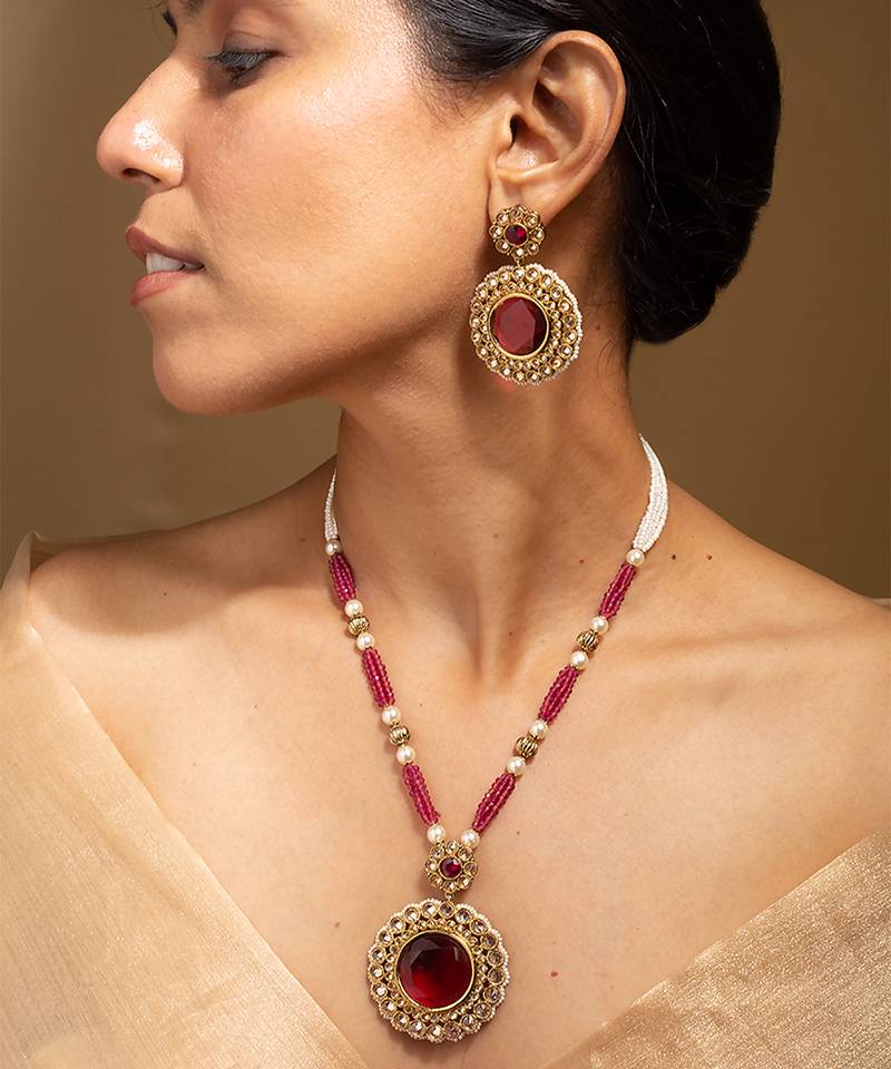 Ruby red beaded necklace set with statement pendant