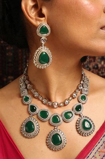 Statement green stone necklace set with kundan accents