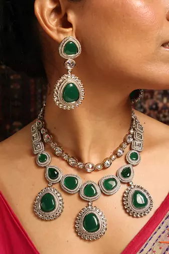 Statement green stone necklace set with kundan accents