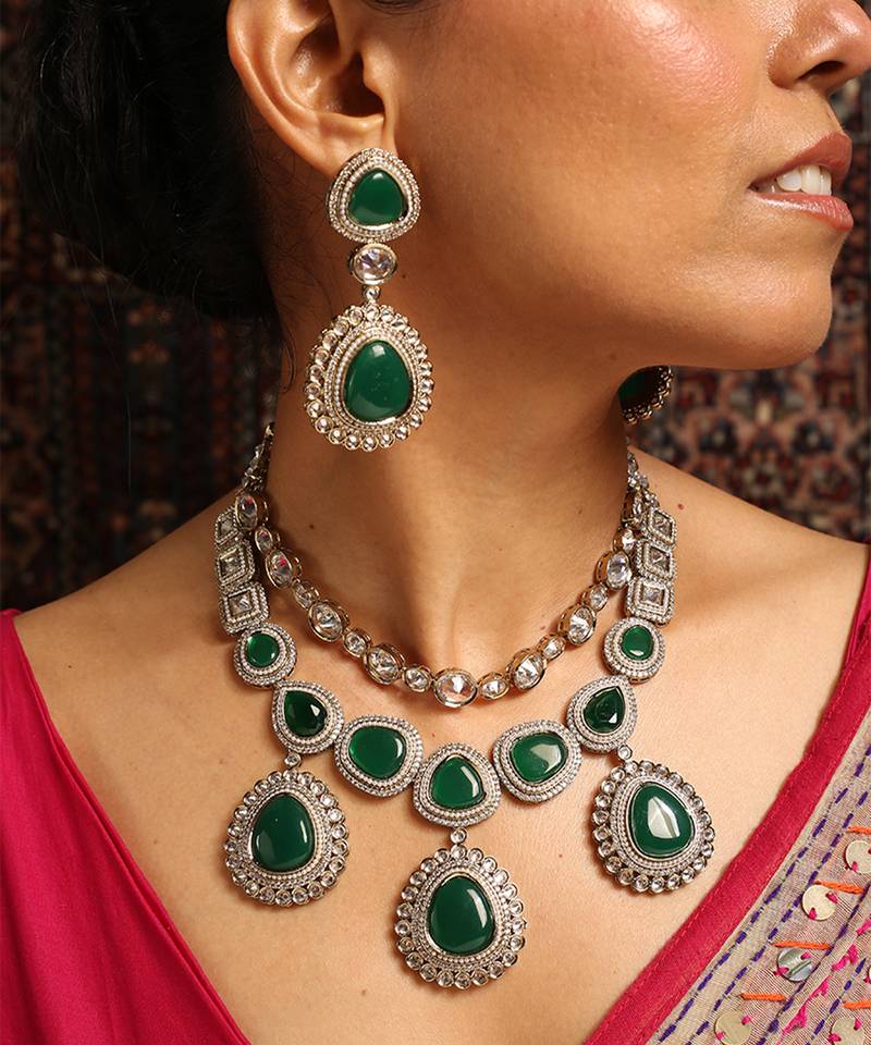Statement green stone necklace set with kundan accents