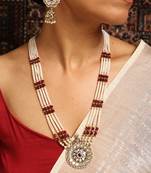 Pearl beaded long necklace set with kundan pendant
