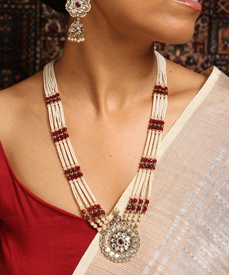 Pearl beaded long necklace set with kundan pendant