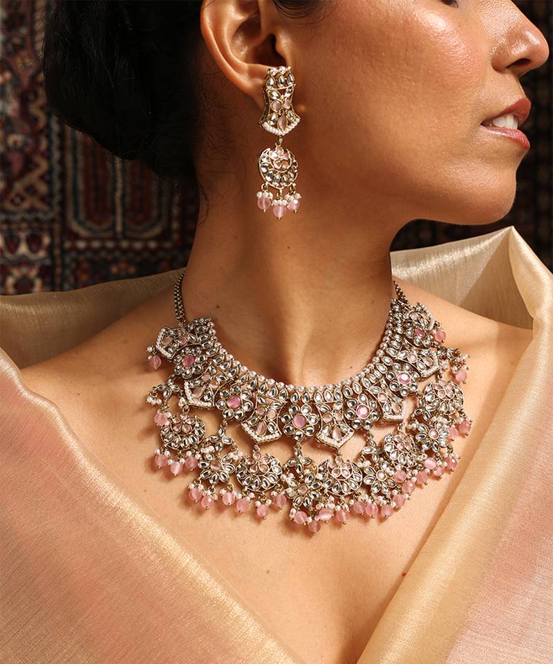 Traditional kundan and baby pink bead jewelry set