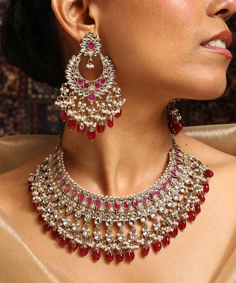 Elegant kundan and ruby stone jewelry set