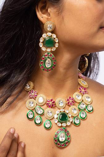 Colorful kundan necklace set with green, red, and white stones