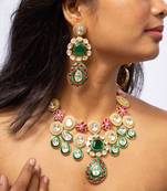 Colorful kundan necklace set with green, red, and white stones