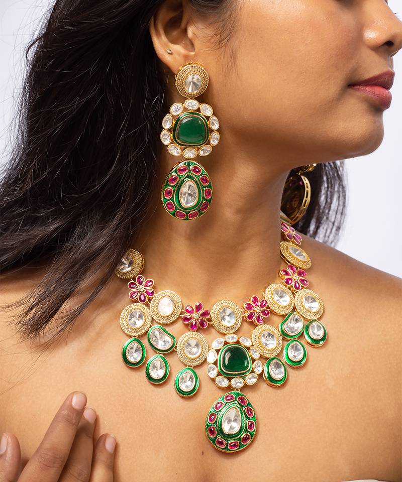 Colorful kundan necklace set with green, red, and white stones