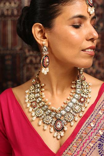 Grand bridal kundan necklace set with red enamel and pearl drops