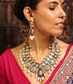 Grand bridal kundan necklace set with red enamel and pearl drops