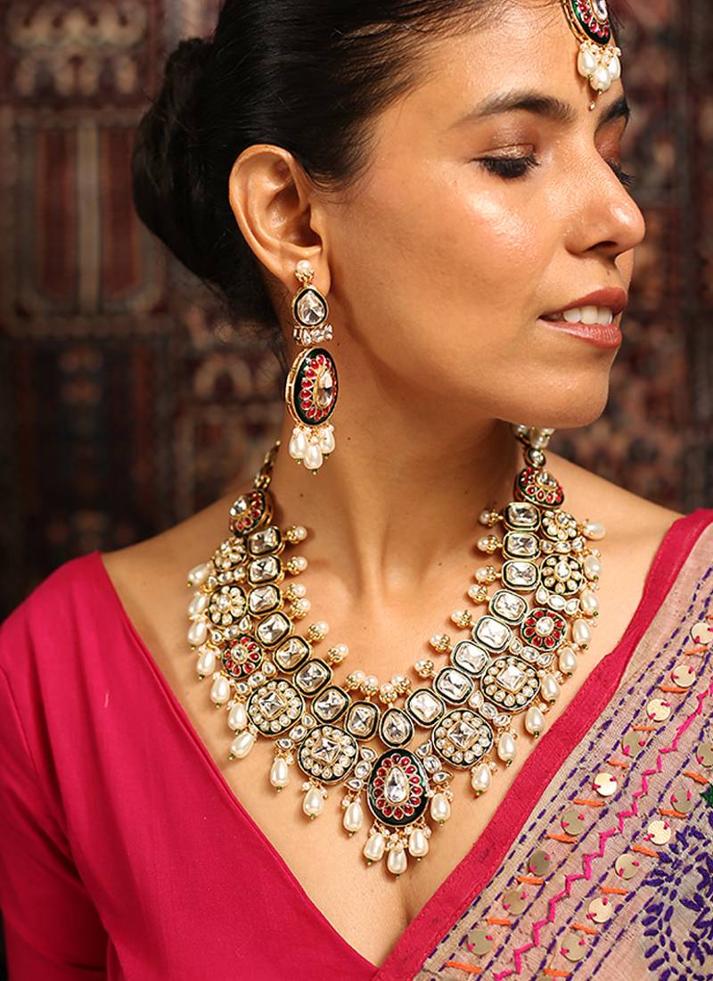 Grand bridal kundan necklace set with red enamel and pearl drops