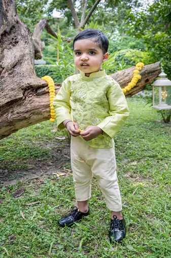 Green embroidered net kurta pyjama