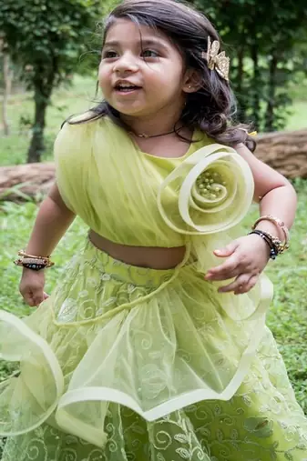 Green embroidered net lehenga