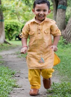 Mustard yellow embroidered cotton kurta pyjama 2